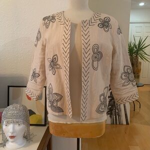Carole Little Linen Jacket with delicate embroidery and 3/4 length sleeves
